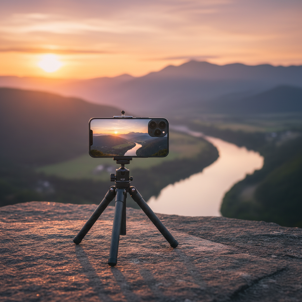 Phone tripod set up on stable ground for travel photography