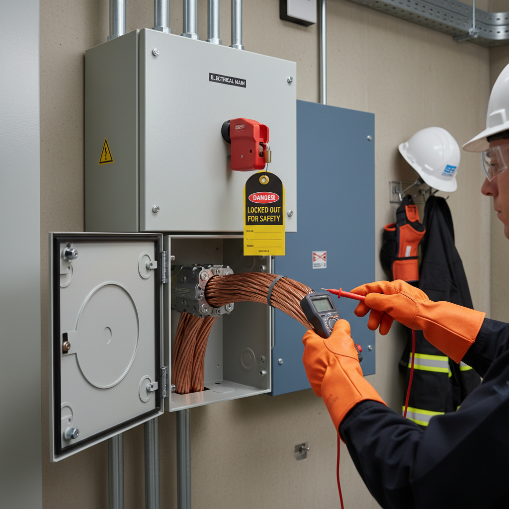 Lockout tagout and voltage verification before cutting thick electrical cable