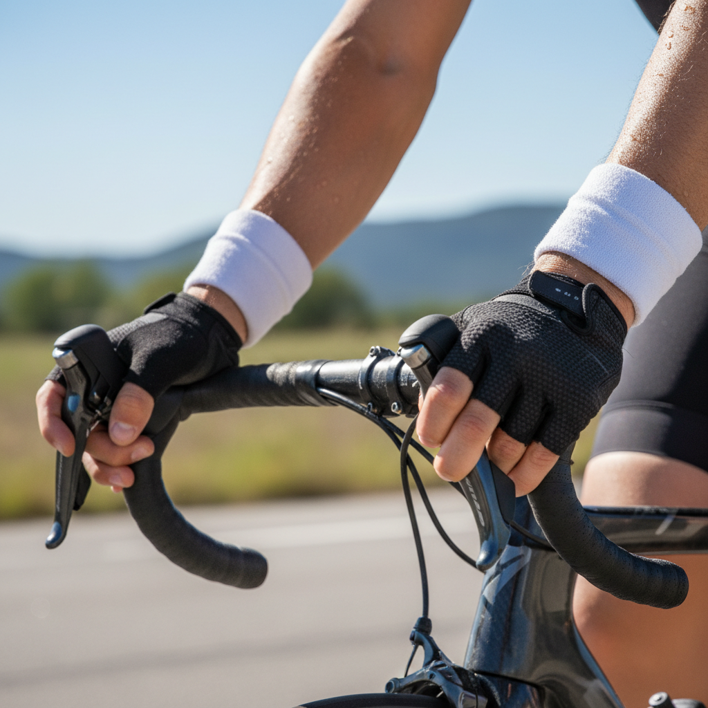 Cyclist wearing wrist sweatbands on handlebars in hot weather