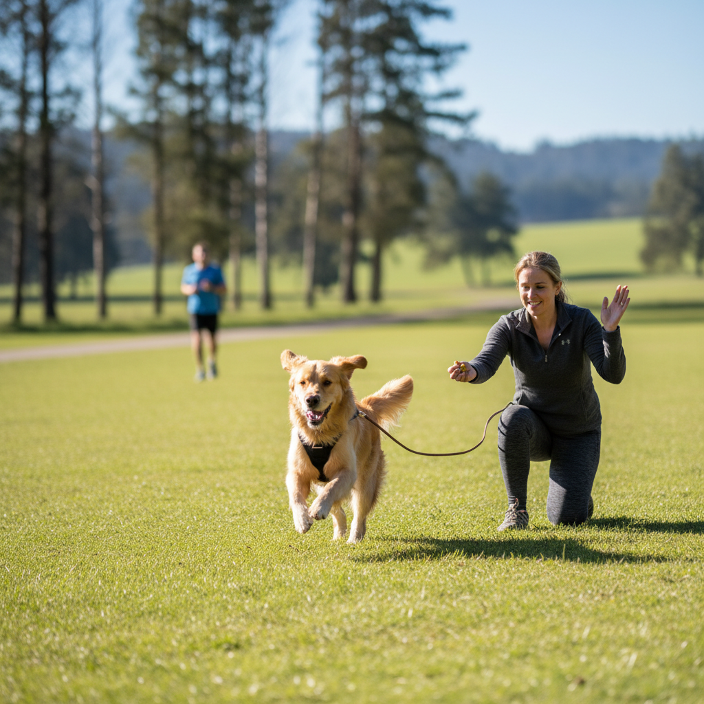 Owner rewarding a dog for a fast recall near mild distractions outdoors