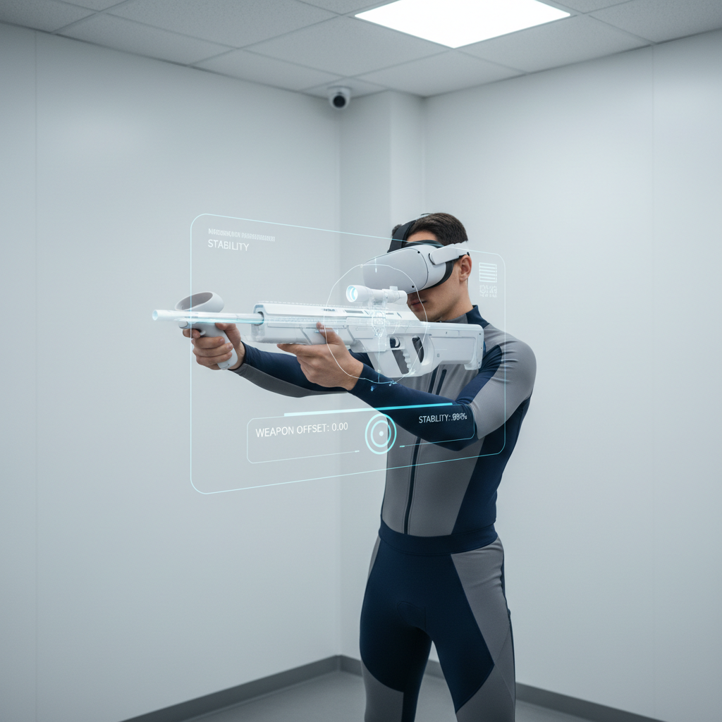 VR player adjusting two-handed rifle alignment and virtual scope in a hunting simulator