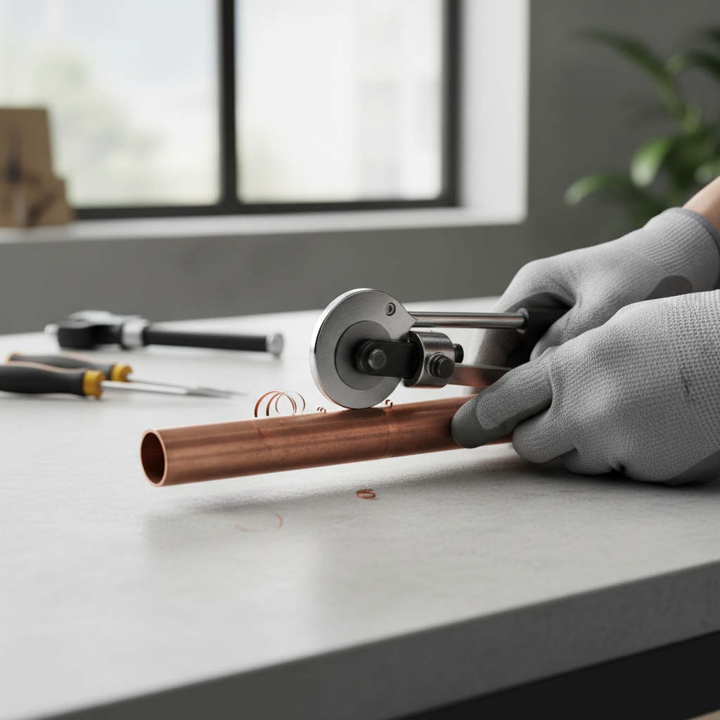 Copper pipe being cut with a tubing cutter on a workbench