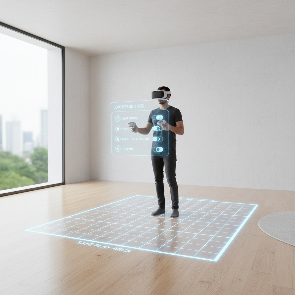 VR comfort settings and playspace safety for roguelike action games