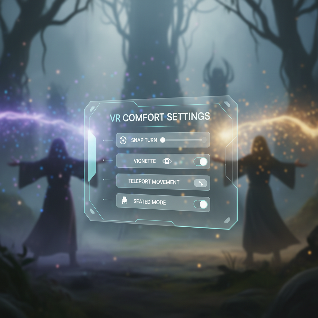 VR comfort settings menu for motion sickness reduction in magic games