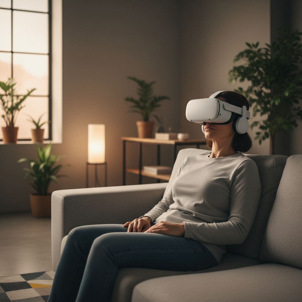 Person using VR headset in a calm living room setup for relaxation games