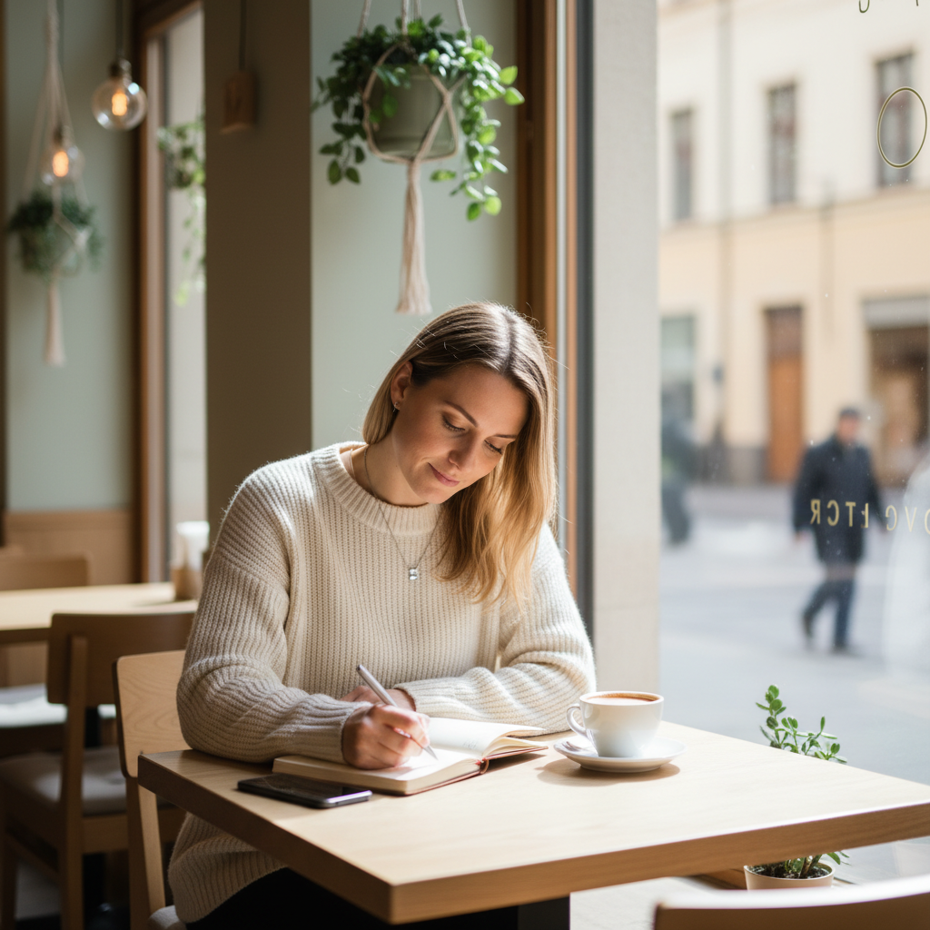 Solo traveler sitting in a cafe journaling to regain calm and confidence