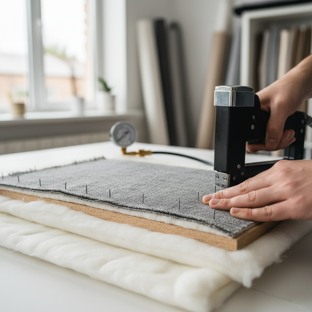 Testing staple depth on scrap wood and upholstery fabric stack