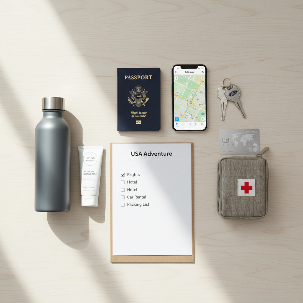 Traveler packing checklist items for USA trip including passport and phone maps