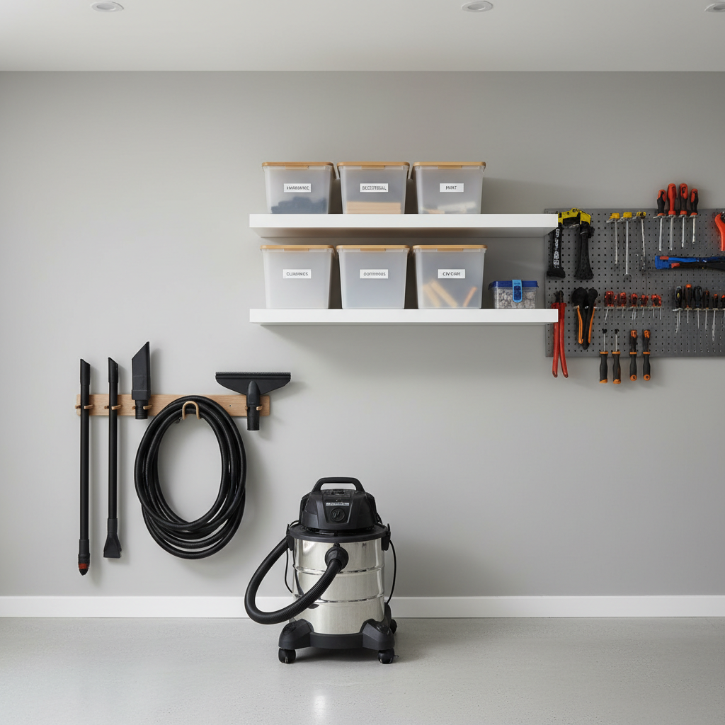 Garage organization with wet dry vacuum accessories stored neatly on a wall