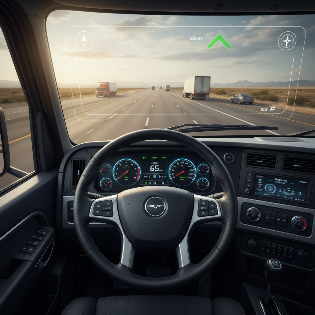 VR truck simulator cockpit view with steering wheel and highway