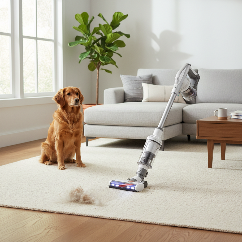 Pet hair vacuum cleaning a living room rug with a dog nearby