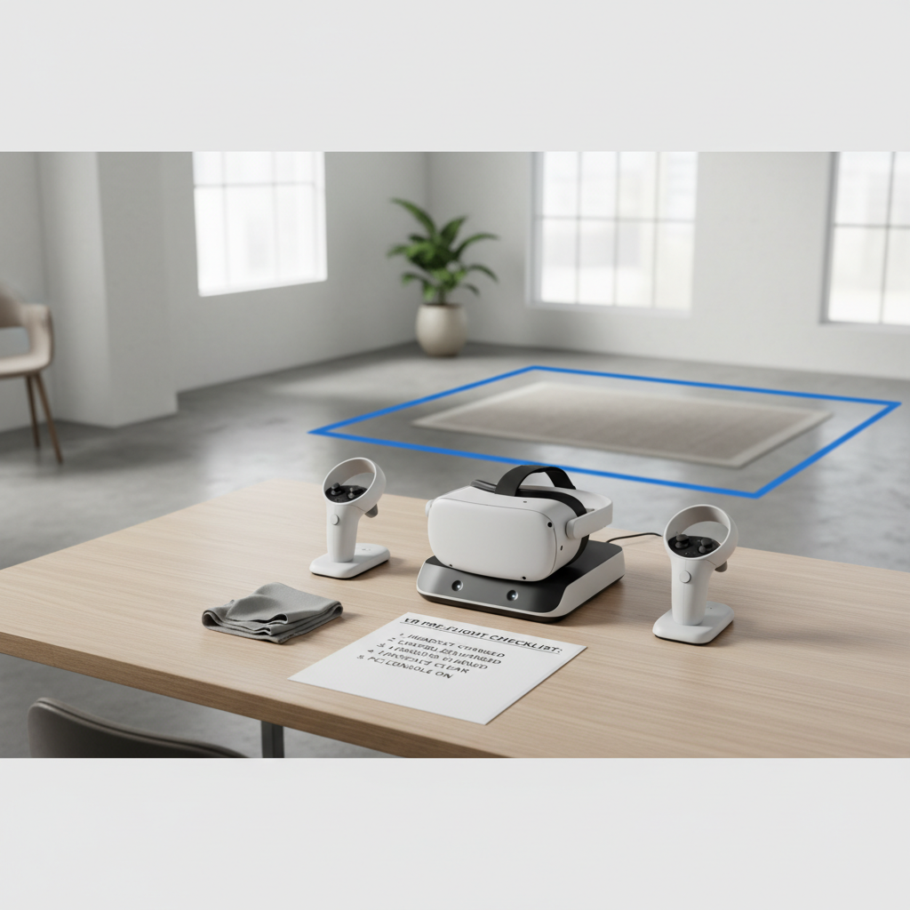 VR headset setup checklist on a desk with controllers, charging dock, and a clear play space