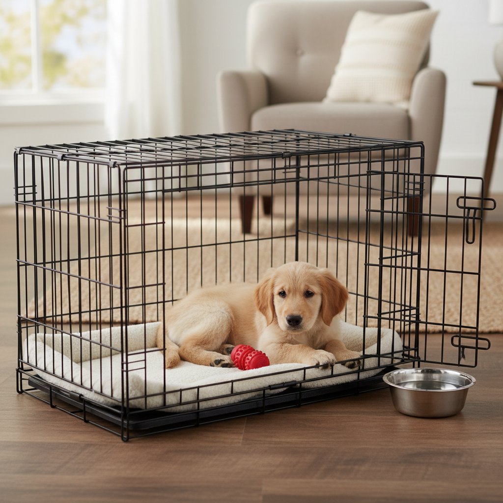 Puppy settling calmly in a crate with a comfortable bed and chew toy