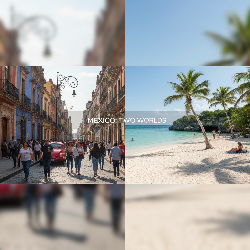 Split view of Mexico City culture and Yucatan beach travel options