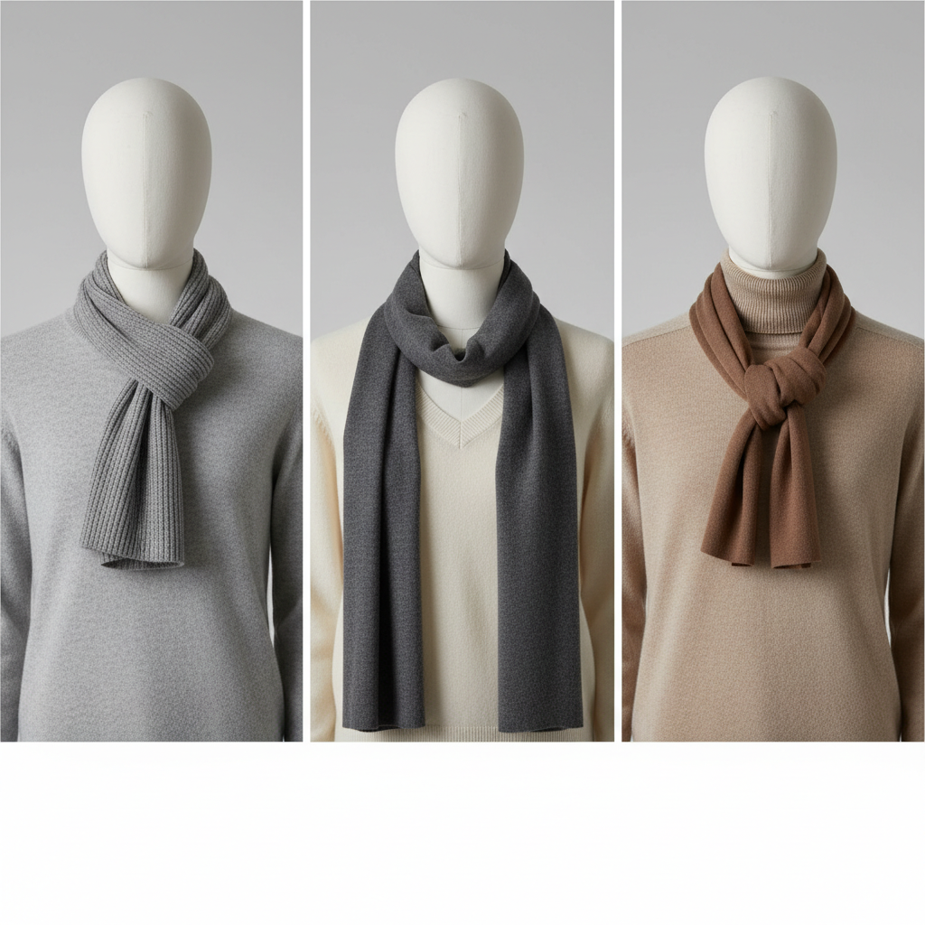 Outfit examples showing scarf ties matched to different necklines for beginners