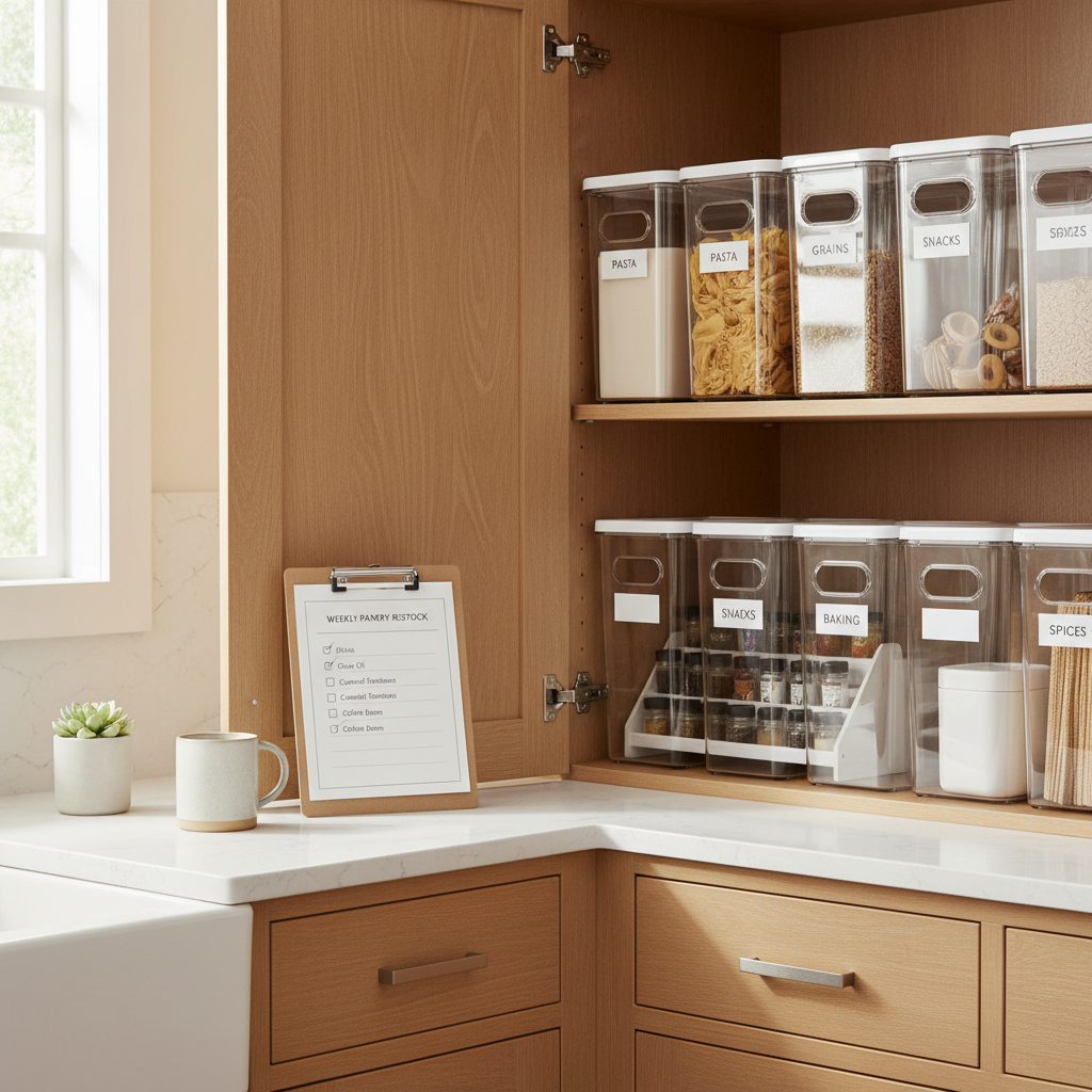 Kitchen counter declutter checklist and labeled storage bins in a cabinet