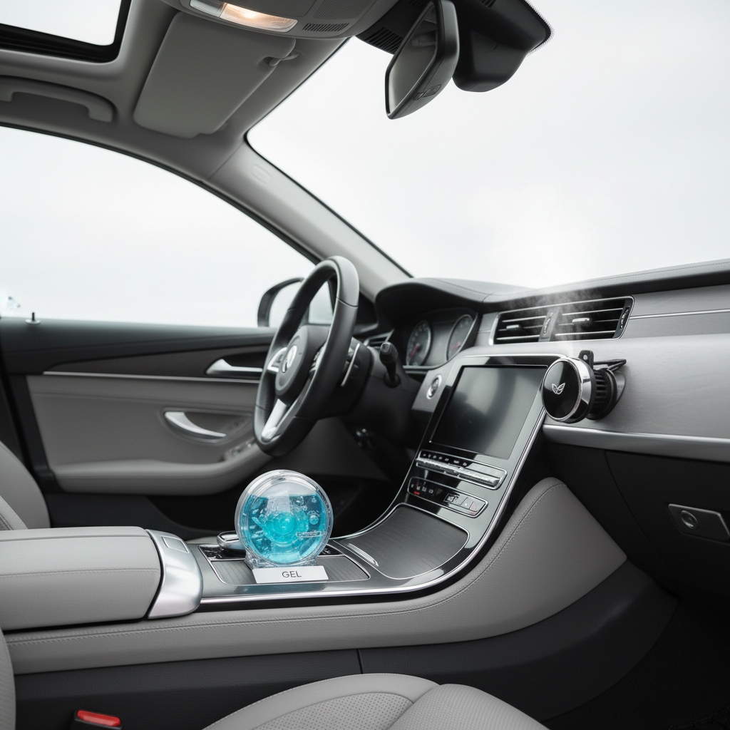 Comparison of gel air freshener and vent clip in a car dashboard setting
