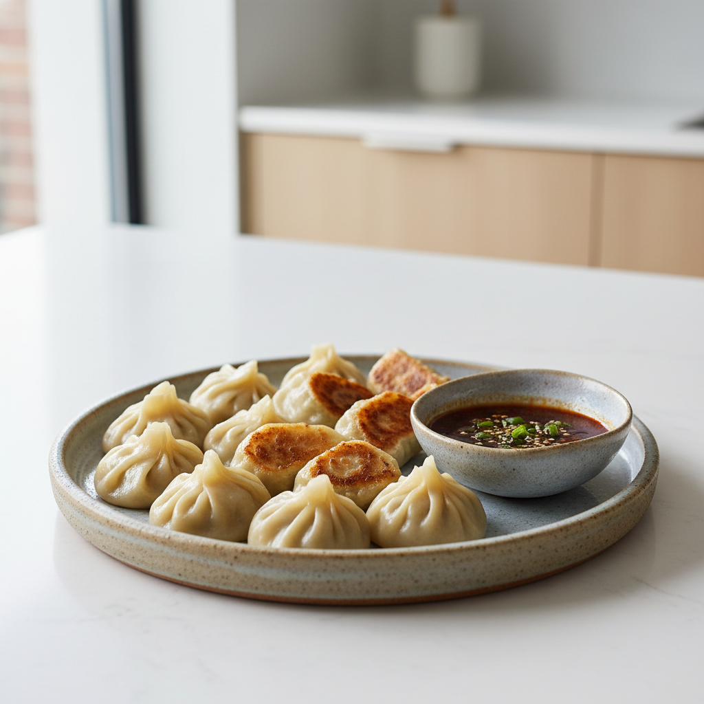 Steamed and pan-fried momos on a plate with dipping sauce