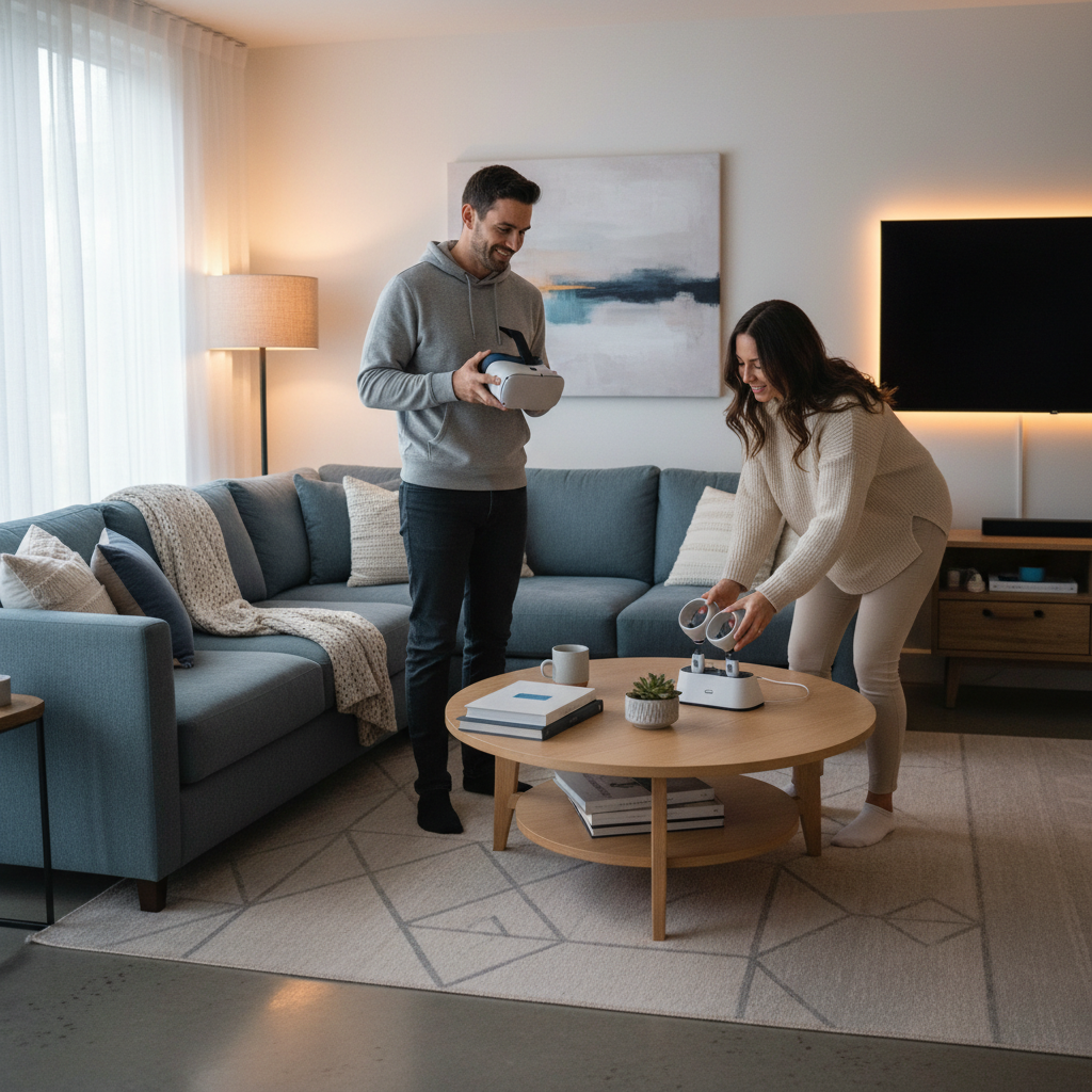 Couple setting up a VR date night in a cozy living room