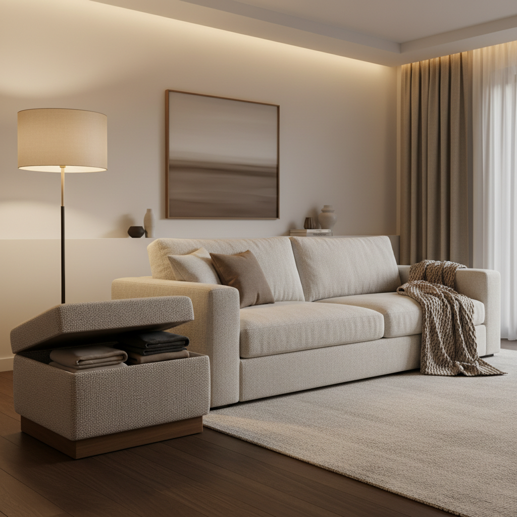 Cozy living room with a storage ottoman and a single folded throw on the sofa