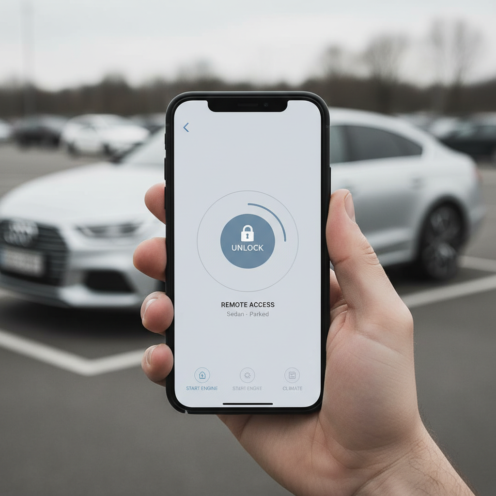Remote car unlock using manufacturer app on smartphone screen in parking lot