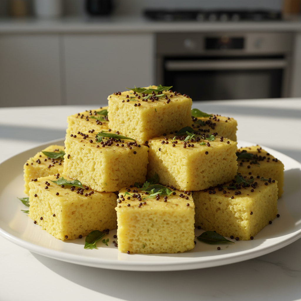 Soft khaman dhokla squares in a white plate with mustard seed tempering