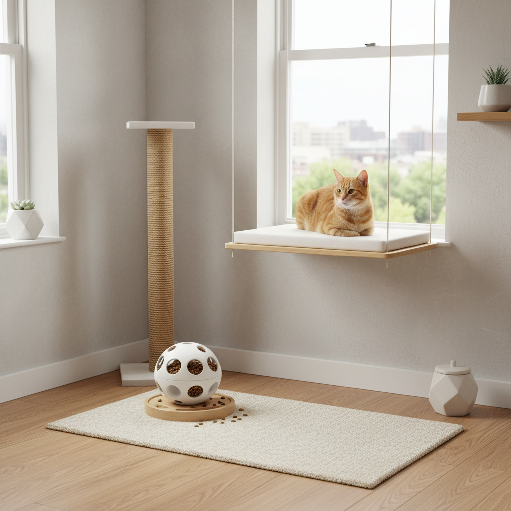 Cat enrichment setup with puzzle feeder, scratching post, and window perch
