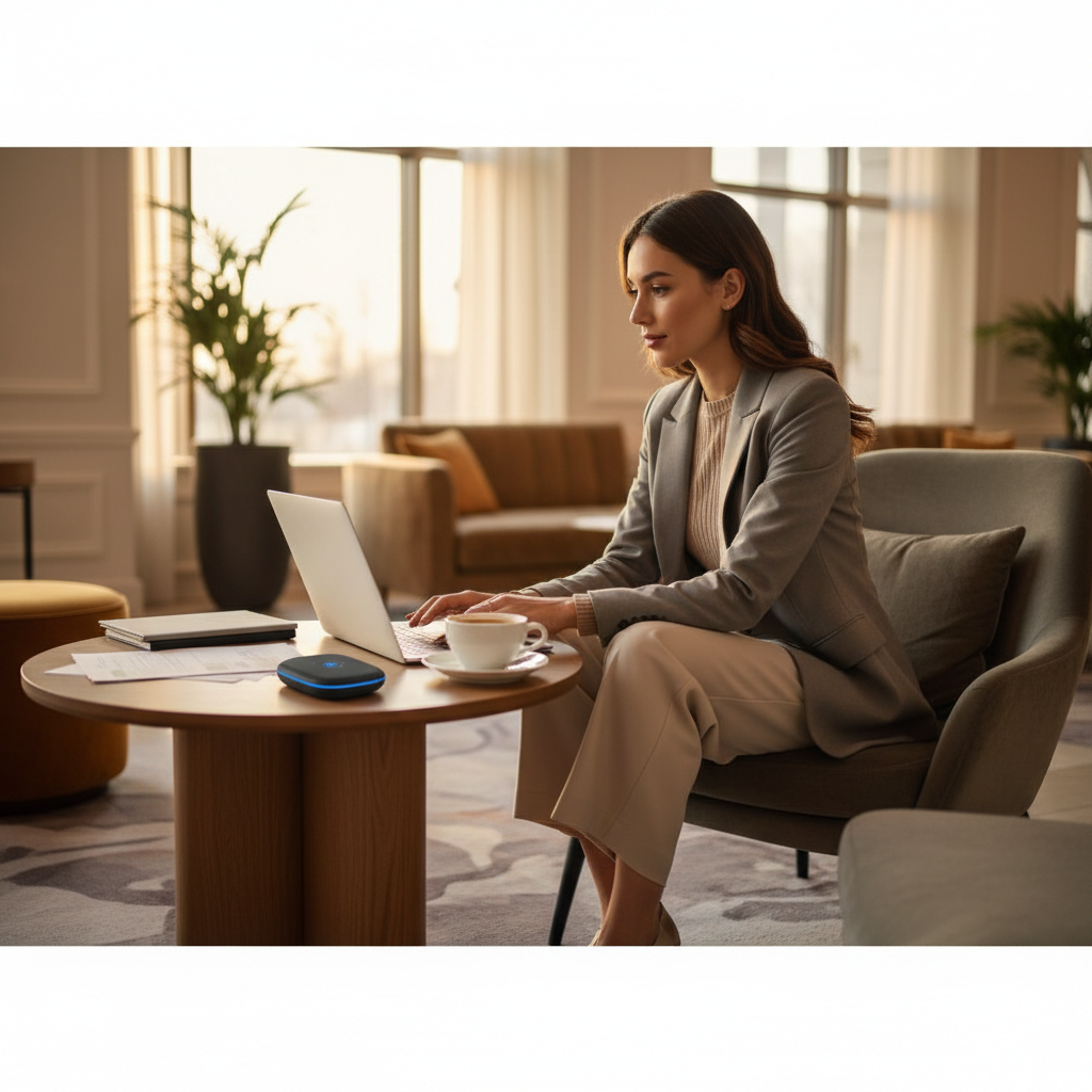 Remote worker using laptop connected to portable WiFi in a hotel lobby