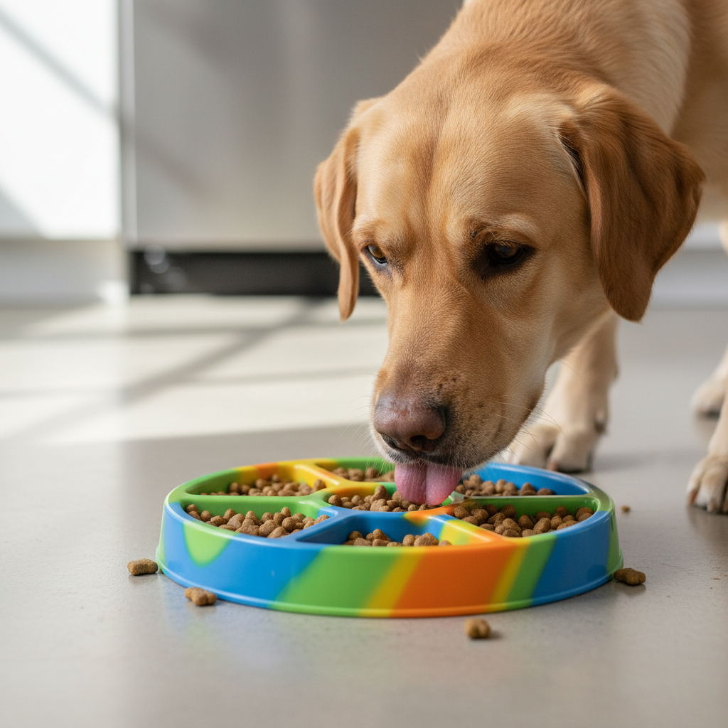 Labrador eating from a slow feeder bowl to prevent fast eating