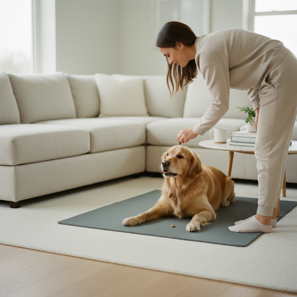 Dog relaxing on a training mat near a couch during a reward-based session