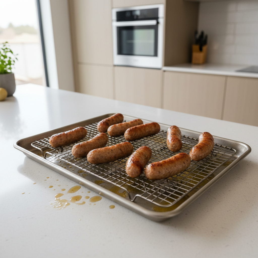 Wire rack over a sheet pan for baking sausage and draining fat
