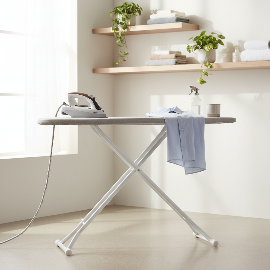 Ironing setup with steam iron, ironing board, and spray bottle for fast wrinkle removal