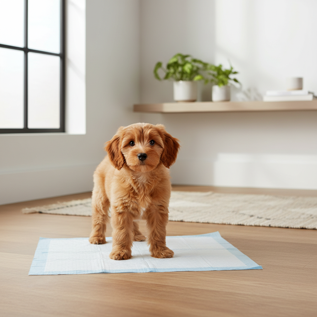 Puppy using a potty pad correctly in a clean indoor setup