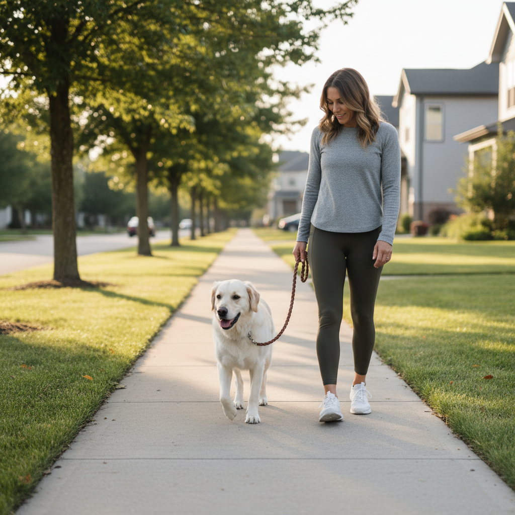 Dog walking calmly on a leash beside owner on a quiet neighborhood sidewalk
