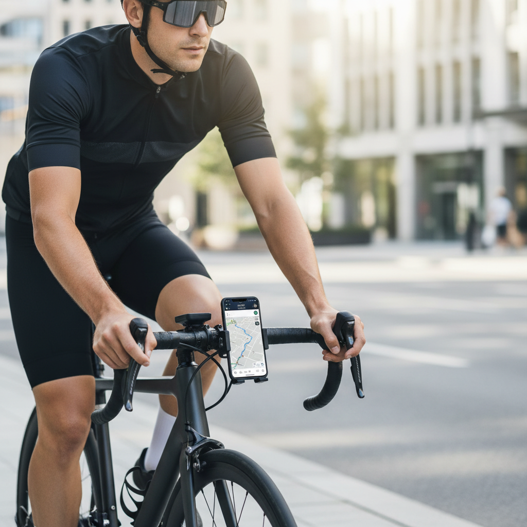 Rider viewing navigation on a securely mounted phone on bicycle handlebars