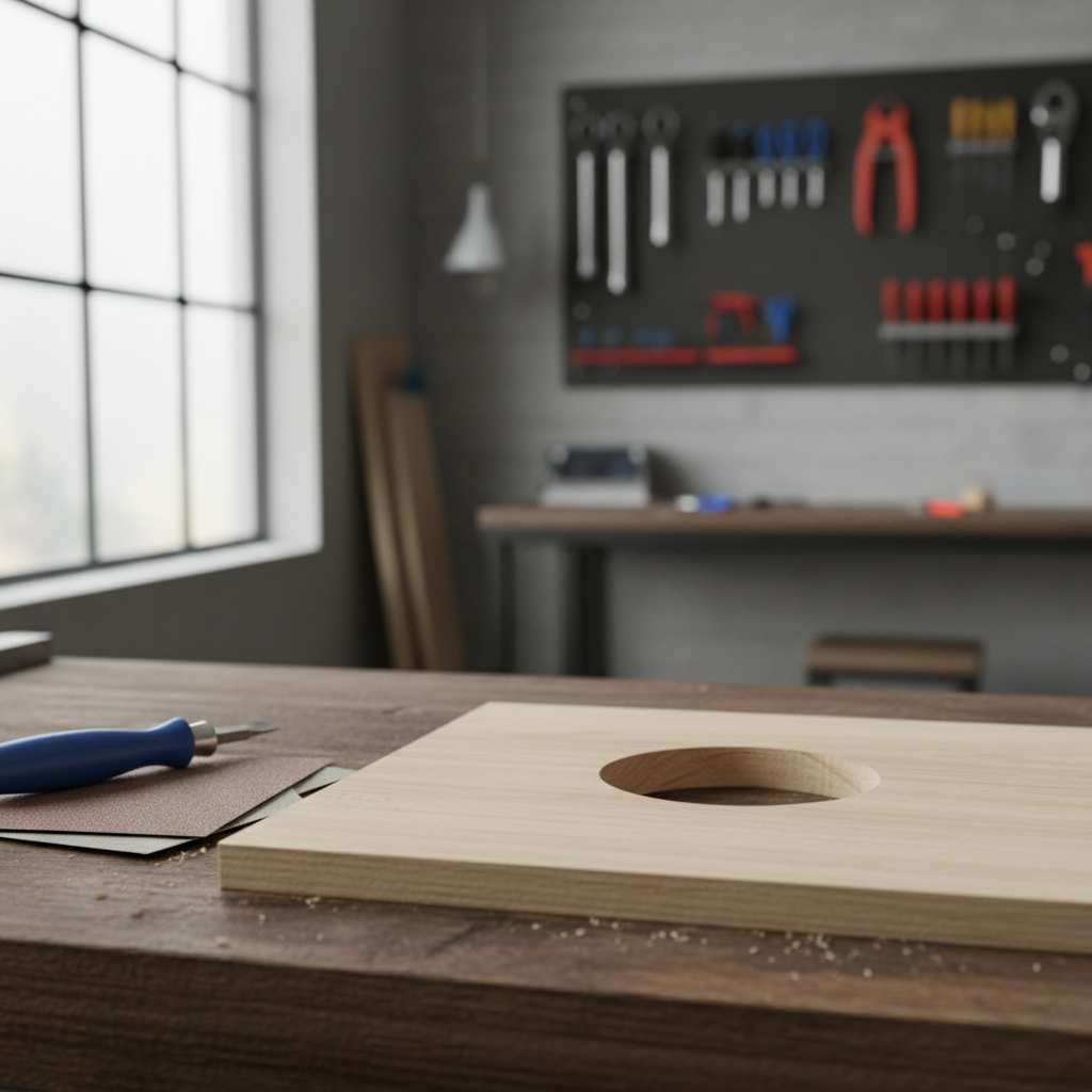 Close-up of clean hole saw cut in wood with light sanding and deburring tools nearby