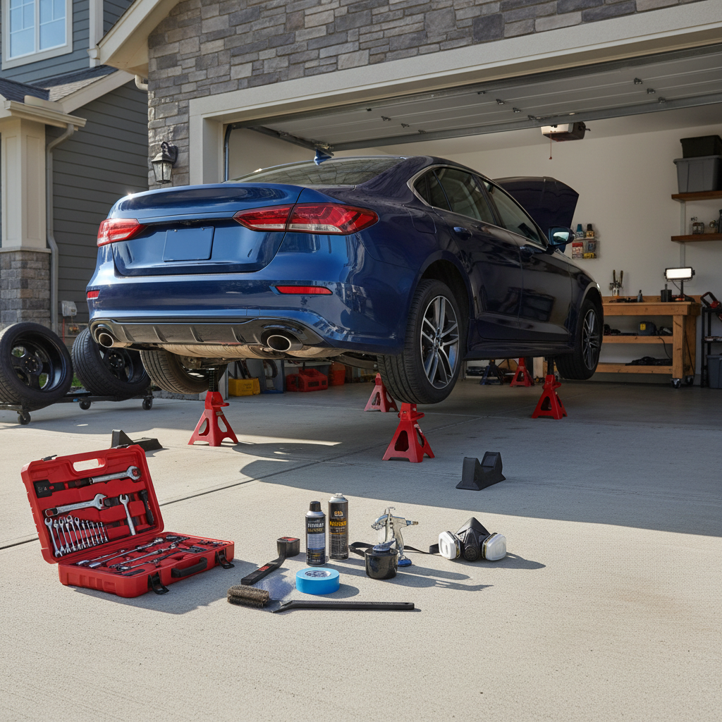 DIY car undercoating setup at home with jack stands and safety gear
