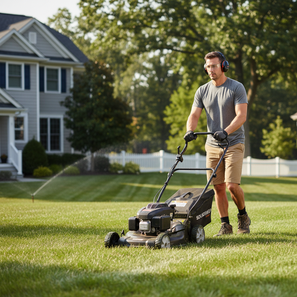 Person wearing ear muffs while mowing a lawn outdoors for noise reduction
