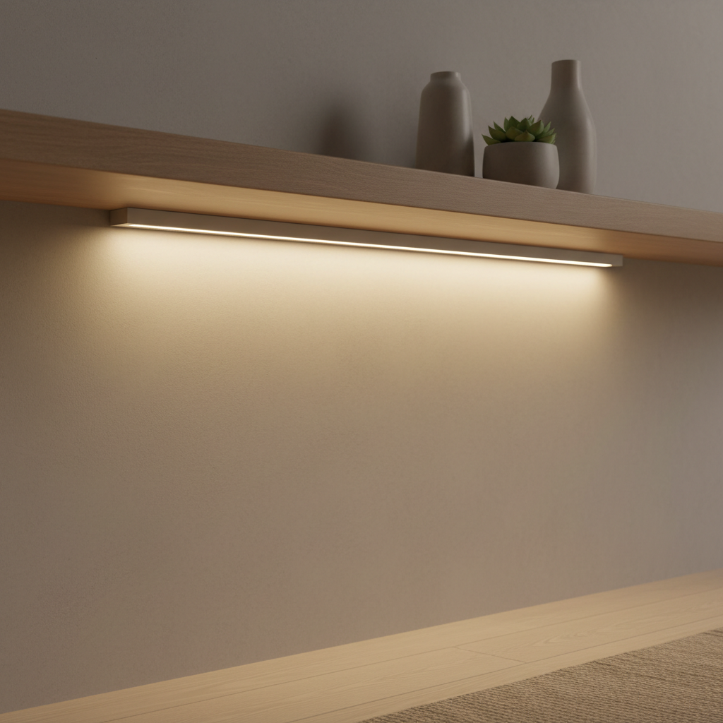 LED strip installed in diffuser channel under a floating shelf for soft indirect light
