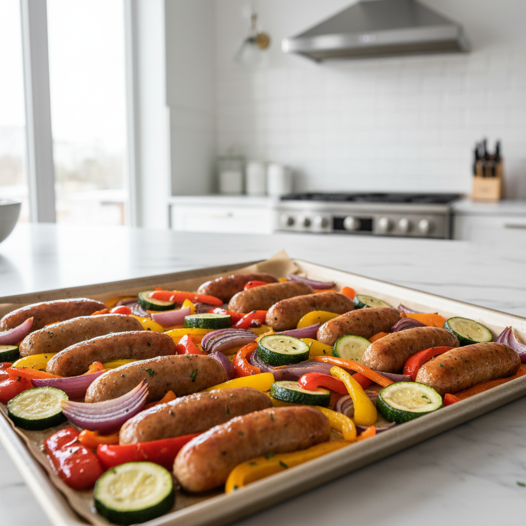 Healthy oven-baked sausage on a sheet pan with vegetables