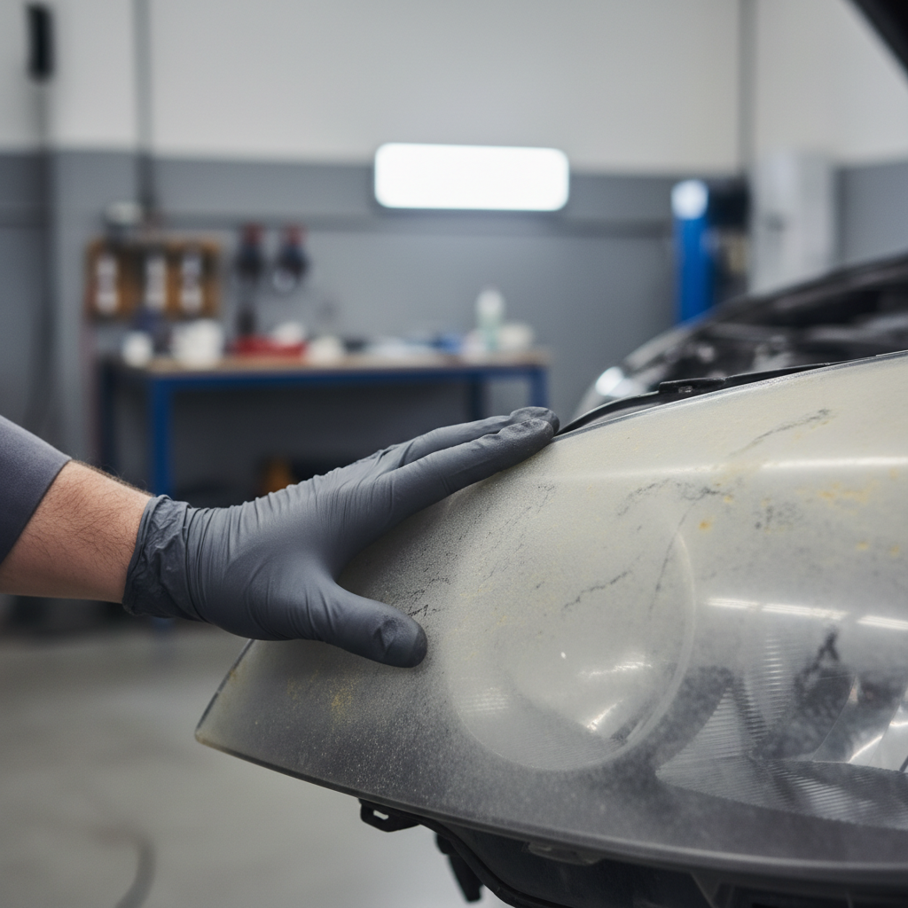Hand inspecting headlight lens for oxidation and roughness