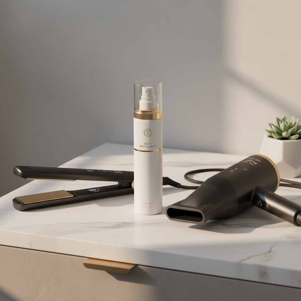 Heat protectant spray and hair tools set to lower temperature for damaged hair care