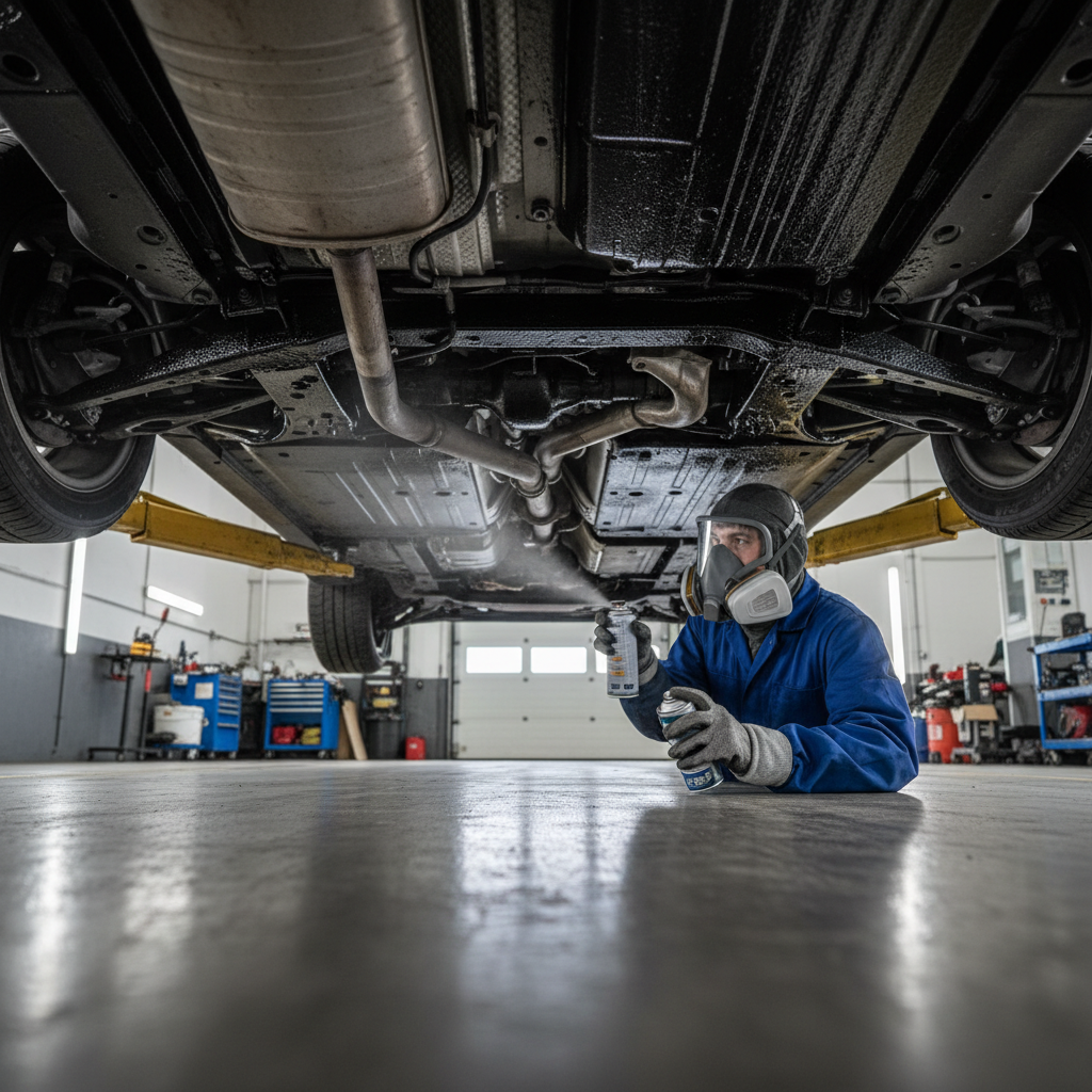 Applying undercoating evenly to a car underbody with controlled spray pattern