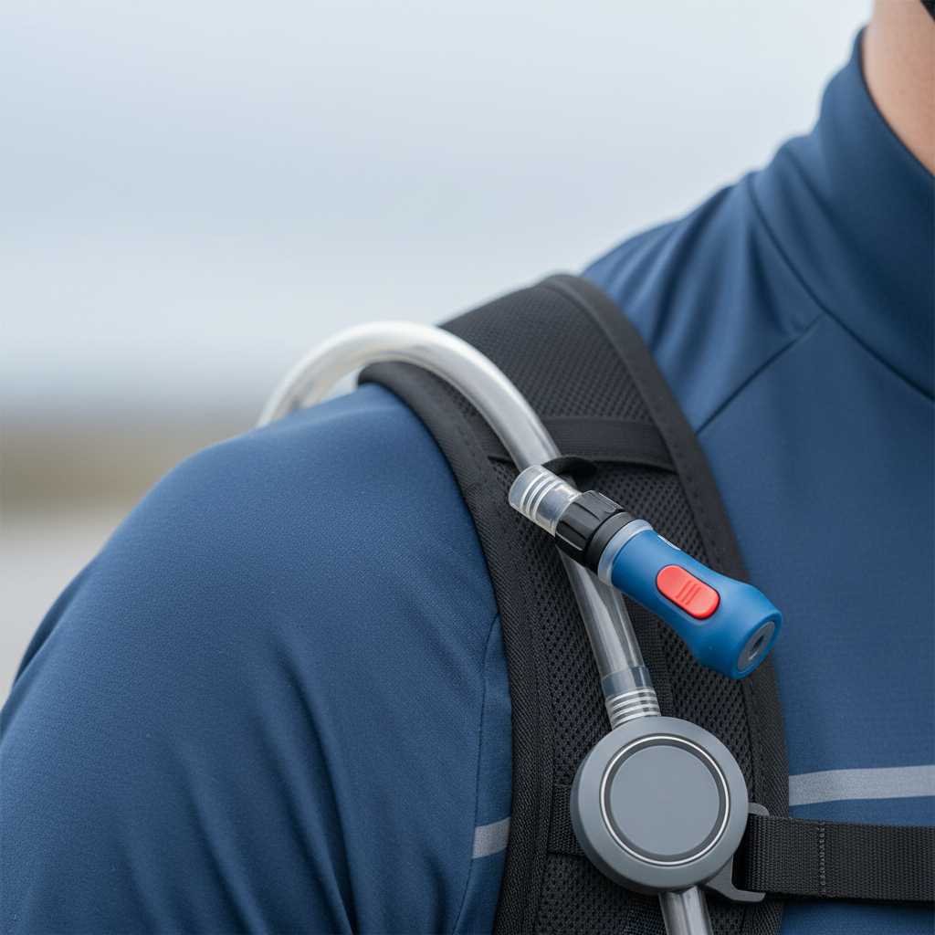 Close-up of hydration pack bite valve and hose routing on a cycling jersey