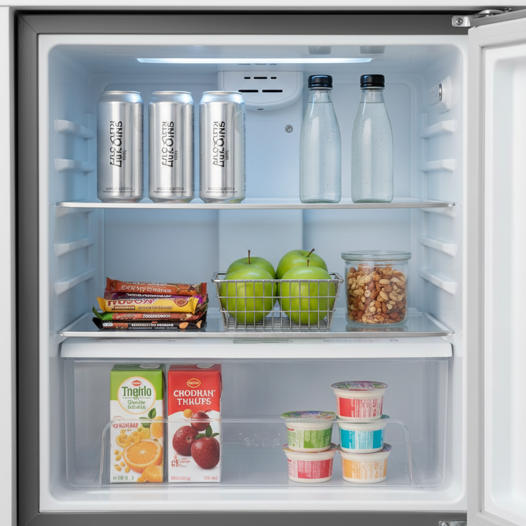 Organized mini fridge interior with drinks and snacks on adjustable shelves