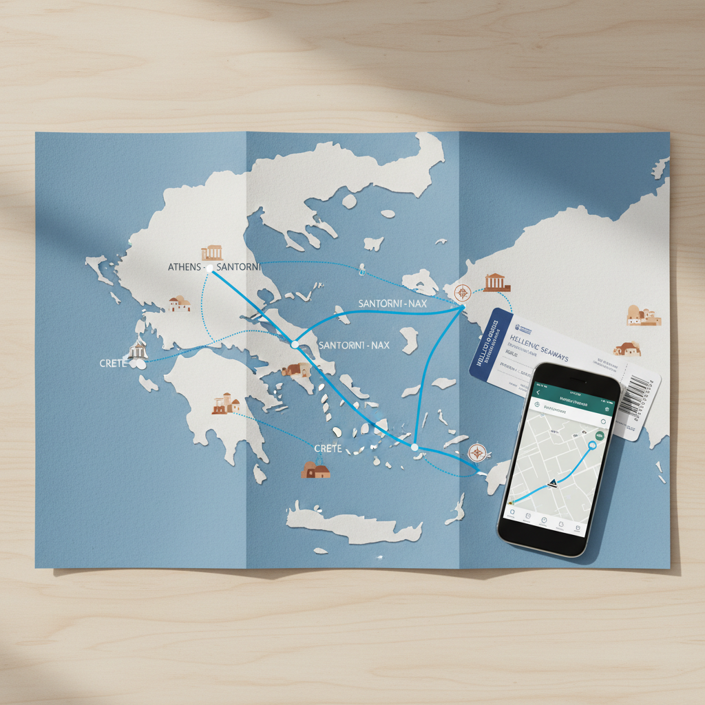 Map-style Greece itinerary concept with Athens, islands, and mainland routes