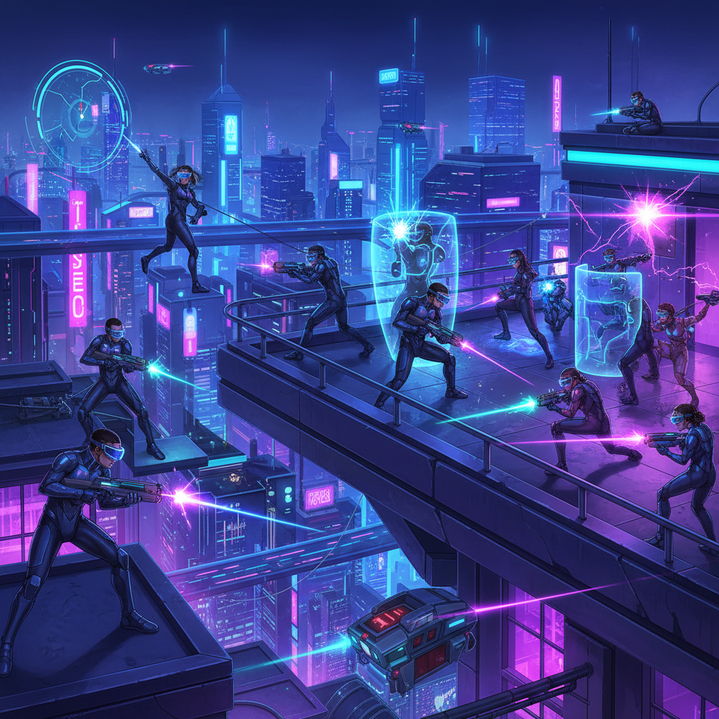 VR battle royale match on a futuristic rooftop with players aiming and moving