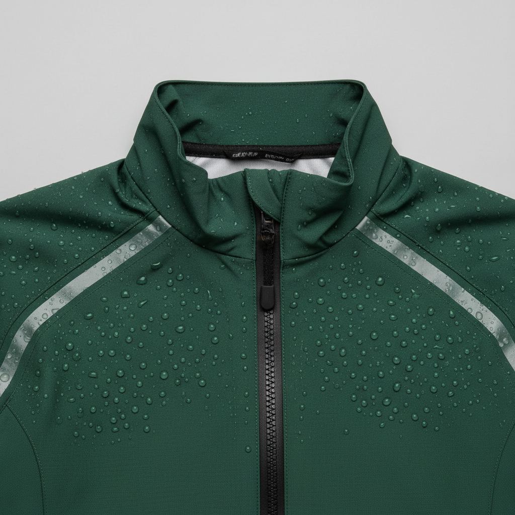 Close-up of taped seams and waterproof zipper on a cycling jacket