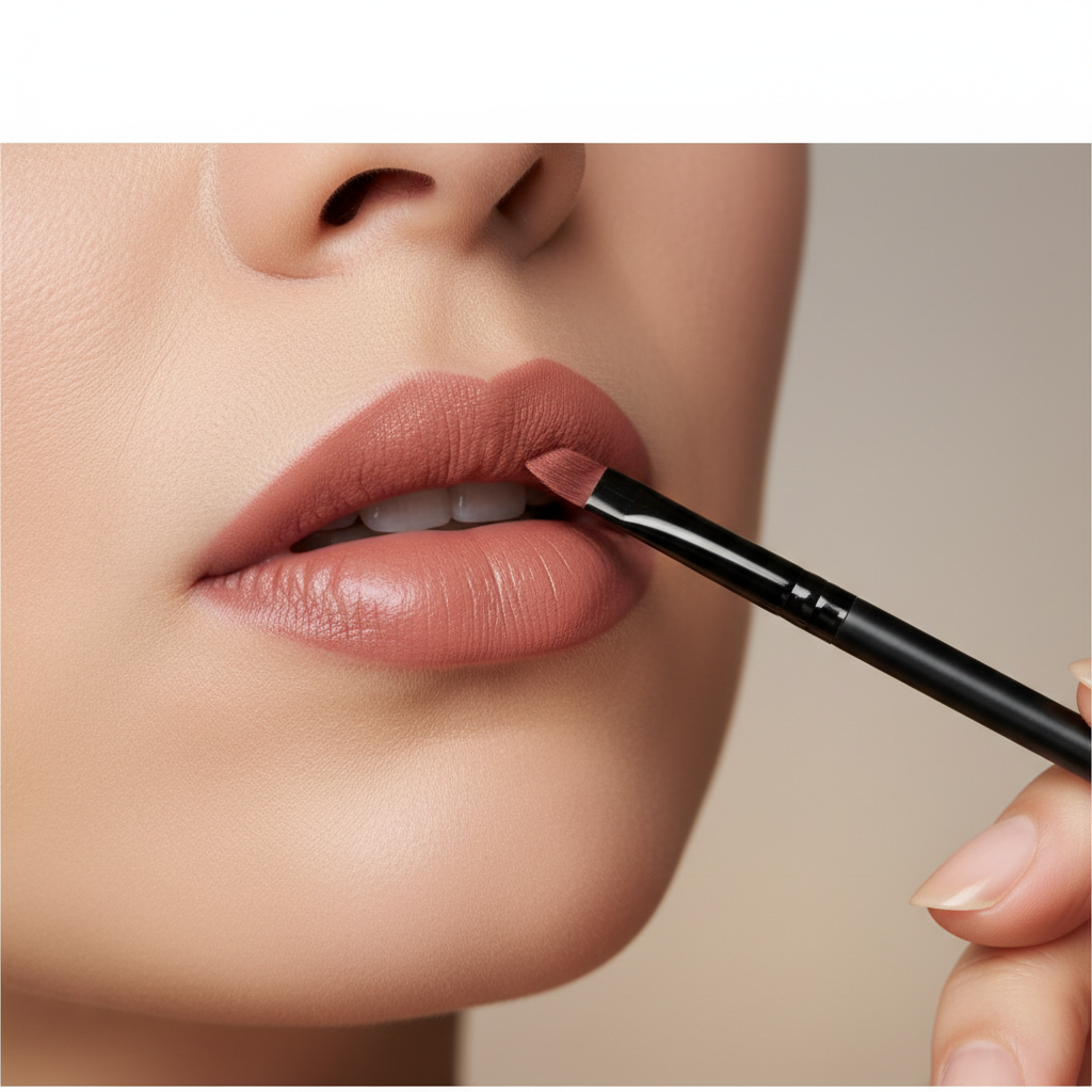 Applying soft-matte lipstick with a lip brush for dry lips