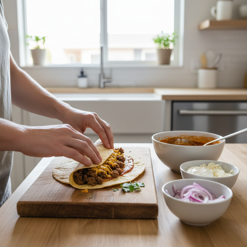 Step-by-step rolling beef enchiladas with warm tortillas and filling on a cutting board